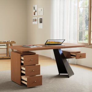 63" Walnut Office Desk with Drawer, Rubberwood Modern Workspace, Black/Walnut Finish