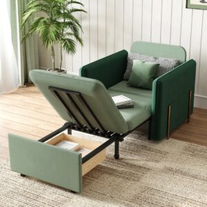 Pull-Out Sofa Bed with Storage, 1-Seater Green Velvet Sleeper Sofa (33.9")
