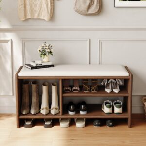 Modern Leather Upholstered Entryway Bench in Walnut Wood Shoe Storage (40'' Wide)