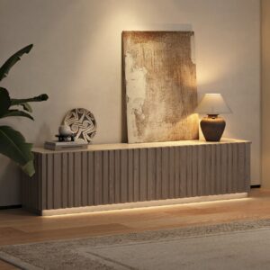 Aura 2130mm Ash Wood Slatted Whitewash TV Stand with Sintered Stone Top