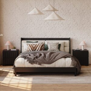 Modern Solid Wood Queen Upholstered Bed & 2 Drawer Ash Wood Nightstand Set with with Faux Travertine Top