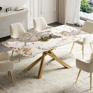 1600mm Modern Stone Top Rectangle Dining Table in Pandora & Gold with Trestle