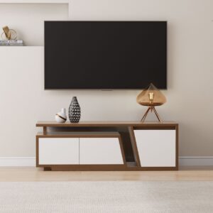 Storage Modern White & Walnut Wood TV Stand Extendable 1200mm-1800mm Floor-standing TV Unit with 3 Drawers