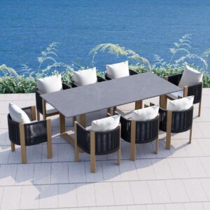 86.6 Inch Outdoor Dining Set with Faux Marble Table and Woven Rope Chairs for 8