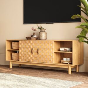 Mid-Century Modern Natural Wood Tall TV Stand Media Console with Storage