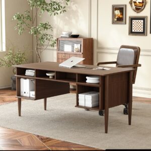 64" Mid-century Style Walnut  Home Office Desk & Faux Leather Adjustable Office Chair