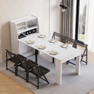 Modern Extendable White Dining Table with Storage Rectangle Sideboard Glass Door