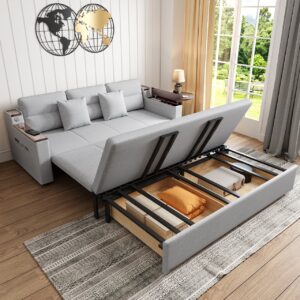 Pull-Out King Sofa Bed with Storage & USB, 3-Seater Linen Gray Sleeper Sofa(82.7")