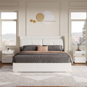 Homary White Wingback King Bed with Faux Leather Upholstered Foam Padding Headboard & Nightstands Set with Wireless Charger & Sensor Light