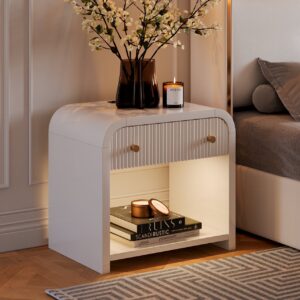 26" Fluted Wide Waterfall Nightstand with Charging Station & Light