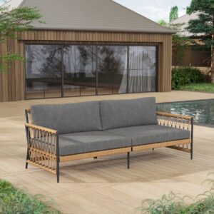 Ropipe Woven Rope Outdoor Sofa 3-Seater Sofa with Dark Gray Polyester Pillow Cushion