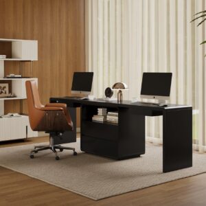 Modern 94" Rectangular Black Desk with Drawers for 2