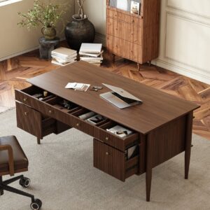 Mid-Century Solid Wood Home Office Desk with 6 Drawers Walnut Executive Writing Desk (64")