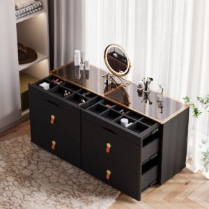 1200mmW Modern Glass Black Dresser 6 Drawer Closet Island with Jewelry Display Storage