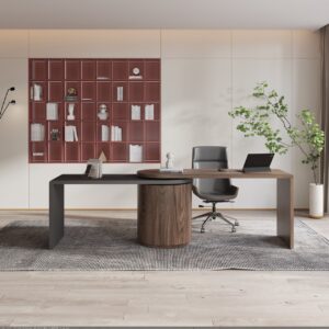 L Shaped Desk with Storage, Rotatable Wooden Executive Computer Desk in Black & Walnut for Home & Office (59.8'')