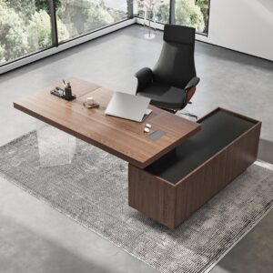 Set Modern Walnut Standing L-Shape Desk & Reclining Leather Office Desk Chair (1815mm)