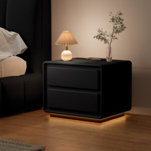 Modern Nightstand  off-white with 2-drawers and  LED and USB charging function Set of 2