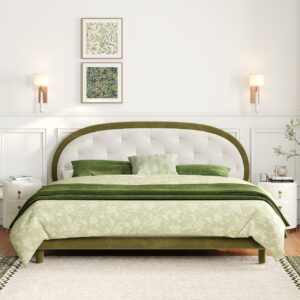 Modern White & Green Velvet & Boucle Platform King Bed Frame