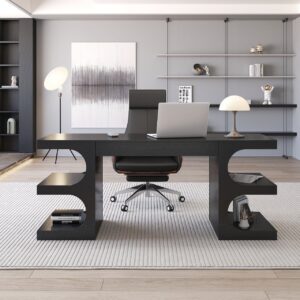Modern Black Writing Desk with Drawer & 4 Shelves for Home & Office (64.2")