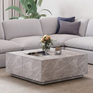 Wood Square Coffee Table, Gray Japandi Table with Drawers for Living Room (35.4")