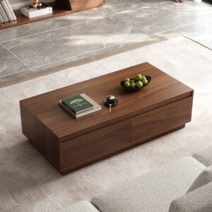 Wood Rectangle Coffee Table, Walnut Mid Century Modern Table with Storage (47.2")