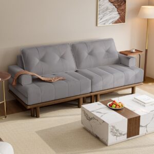 Queen 3-Seater Leather Convertible Futon Bed with Side Table