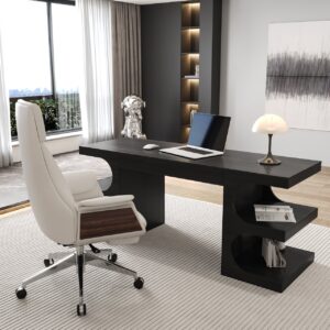 64.2" Black Engineered Wood Desk & White Leather Office Chair Set With Lift-Top