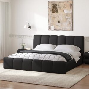 Humply Modern King Black Leather Upholstered Bed Frame