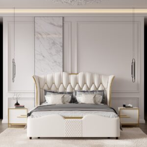 Minimalist Design Nightstand with 2 Drawers with Gold Base King Size Upholstered Bed Frame with Tufted Wingback Headboard