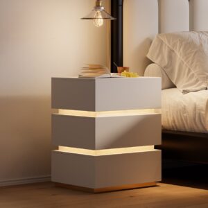20" White 3-Drawer Nightstand (Set of 2) with Light & Charging Station