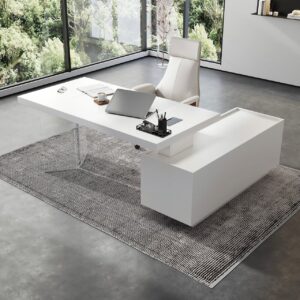 1815mm  Modern White L-Shape Executive Desk with Side Cabinet Height Adjustable Desktop Standing Desk with Clear Arcylic Leg