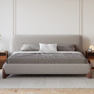Curva Modern Grey Cotton & Linen Platform Bed King Size Bed Frame with Upholstered Headboard