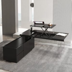 Modern Black L-Shape Desk with Lift-Top & Side Cabinet for Home Office (71.5")