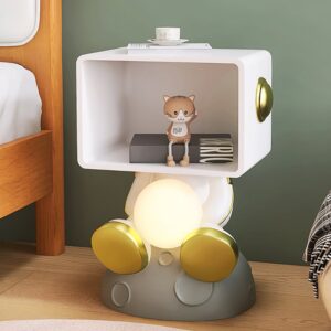 Modern White & Gold Bedroom Nightstand with Light & Open Storage Astronaut Dimmable Nightstand