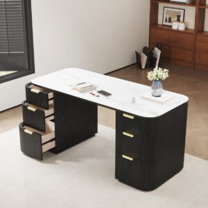 Modern Black Wood & Glossy White Sintered Stone Rectangle Desk with 6 Drawers (1620mm)