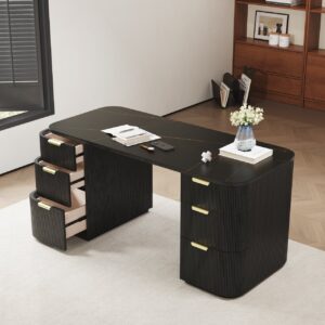 Modern Black Wood & Matte Black Sintered Stone Rectangle Desk with 6 Drawers  (1620mm)
