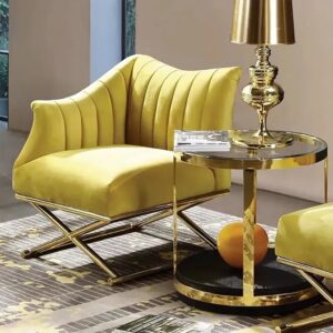 Yellow Velvet-upholstered Accent Chair with Right Side Armrest and Gold Legs