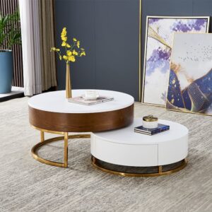 Wood Round Coffee Table, Modern Lift-Top White & Walnut Furniture(27.6"&31.5")