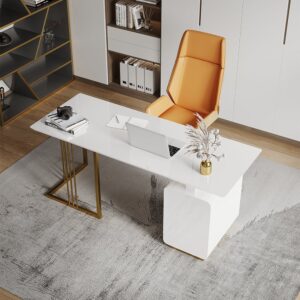 Modern White Executive Desk with Drawers & Side Cabinet in Gold Base (63")