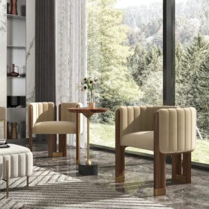 Camel Velvet Accent Chair, Modern Wood Armchair for Living Room