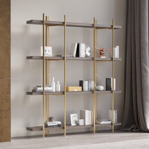 Modern 1800mm Standing Etagere Bookshelf with Open Storage in Walnut & Gold