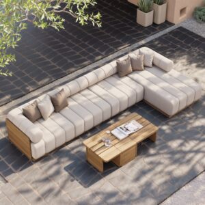 7 PCS Modular Patio Outdoor Sectional Sofa Set Teak Exterior Furniture for 5 in White Cushion & Pillow Included