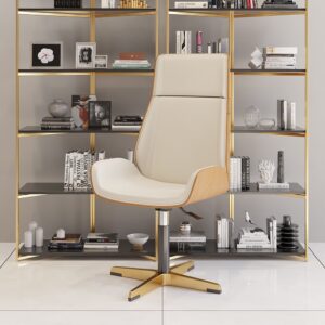 Leather Office Desk Chair with High Back & Adjustable Swivel in Beige & Gold