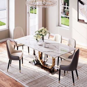 71"Contemporary Faux Marble Dining Room Sets for 6 (71"Table + 6Chairs), Golden Hexagonal-Legged legs