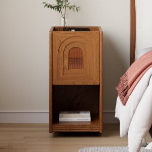 Rustic Narrow Smart Nightstand Cherry Bedside Table with Sensor Light & USB Port Set of 2
