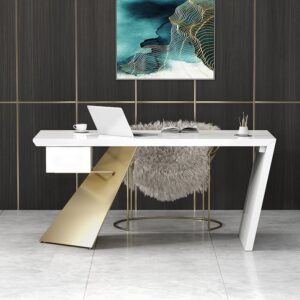 Modern White & Gold Office Desk with Drawer, Computer Desk for Home & Office (63")