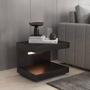 Rustic Wood C-shaped Nightstand with Drawer & Light