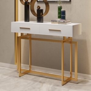 1000mm Narrow Console Table with Storage Drawers White Hallway Table with Metal Legs