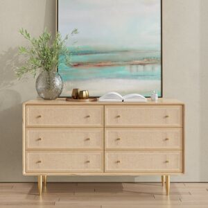 Mid century Modern Tural 1360mm Nordic Natural Bedroom Dresser with 6 Drawers Rattan Woven in Gold