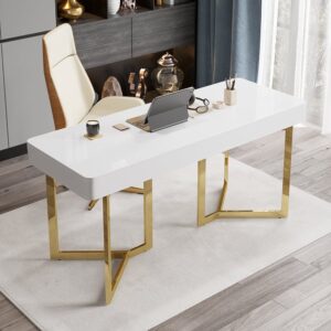 2-Drawers White Office Desk 63" Modern Writing Desk Gold Tripod Base Stainless Steel